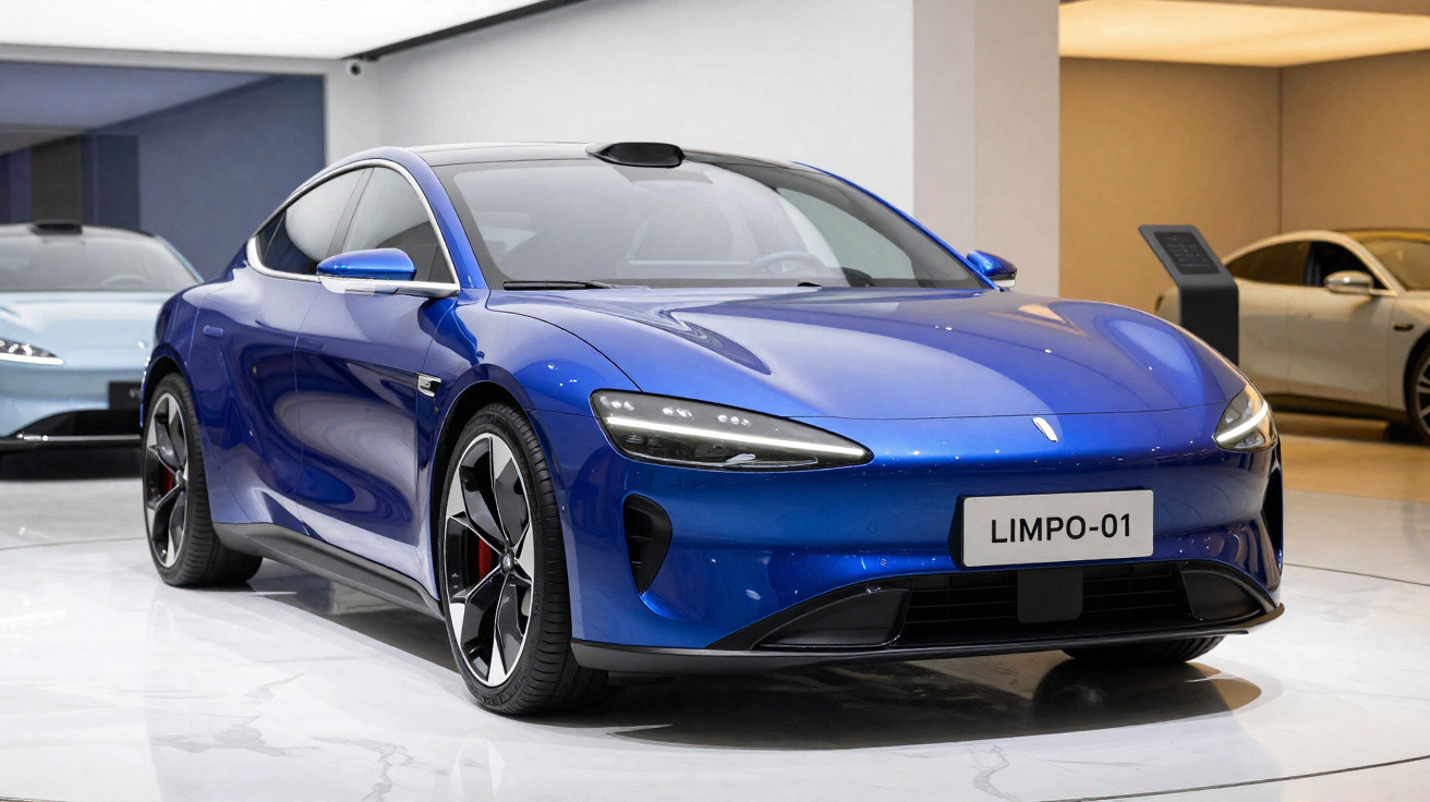 Blue electric sports car Limpo-01 displayed indoors on polished floor with other cars in background