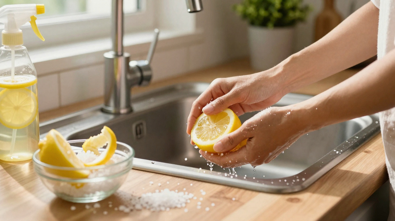 Person squeezing a lemon over a kitchen sink with a bowl of lemon pieces and salt on the counter.
