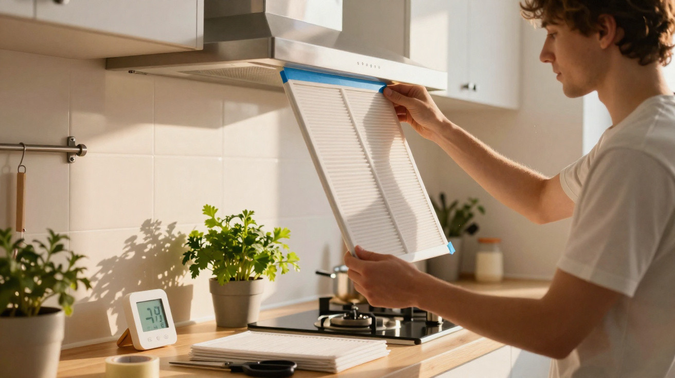 Person replacing a white filter in a modern kitchen with plants and a digital thermometer on the counter.