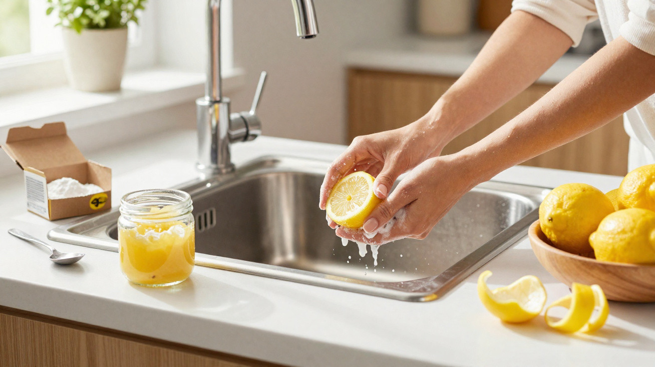 Hands squeezing a lemon over a kitchen sink with a bowl of lemons and a jar of lemon mixture nearby