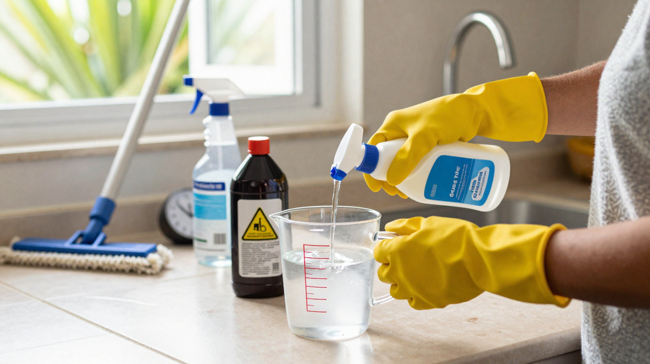 Person wearing yellow gloves pouring liquid from a bottle into a measuring jug on a kitchen counter.