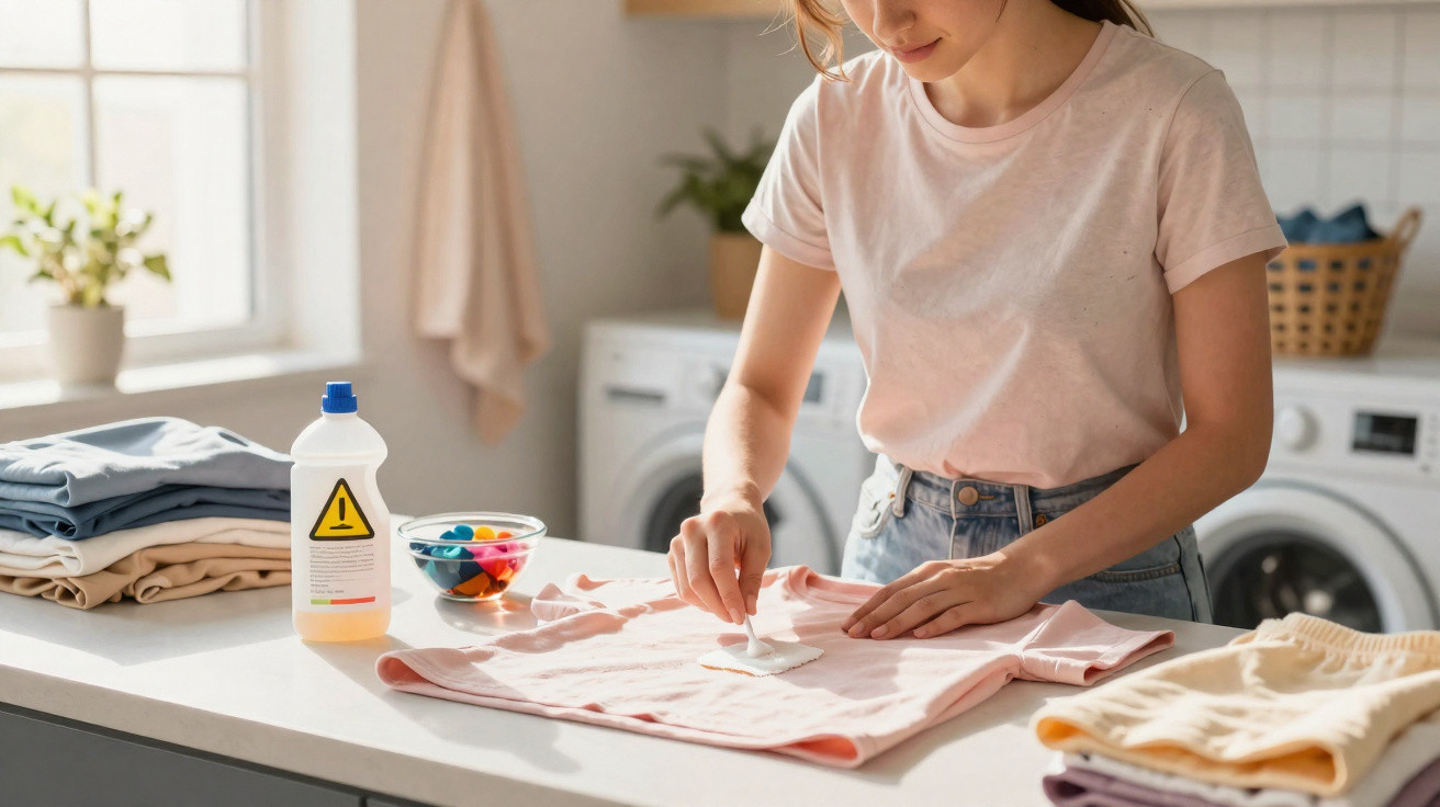Woman treating a stain on a pink shirt with a cotton pad in a bright laundry room.