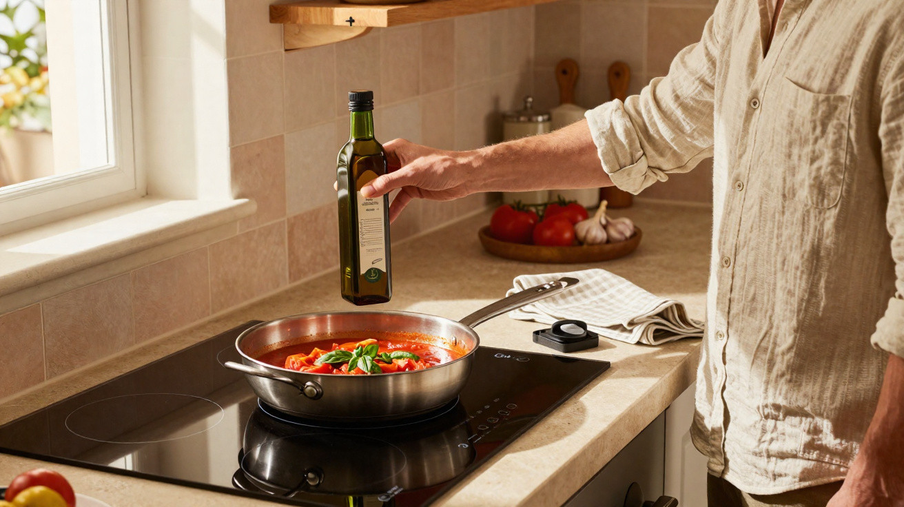 Person pouring olive oil into a frying pan with tomato sauce on an electric hob in a kitchen.