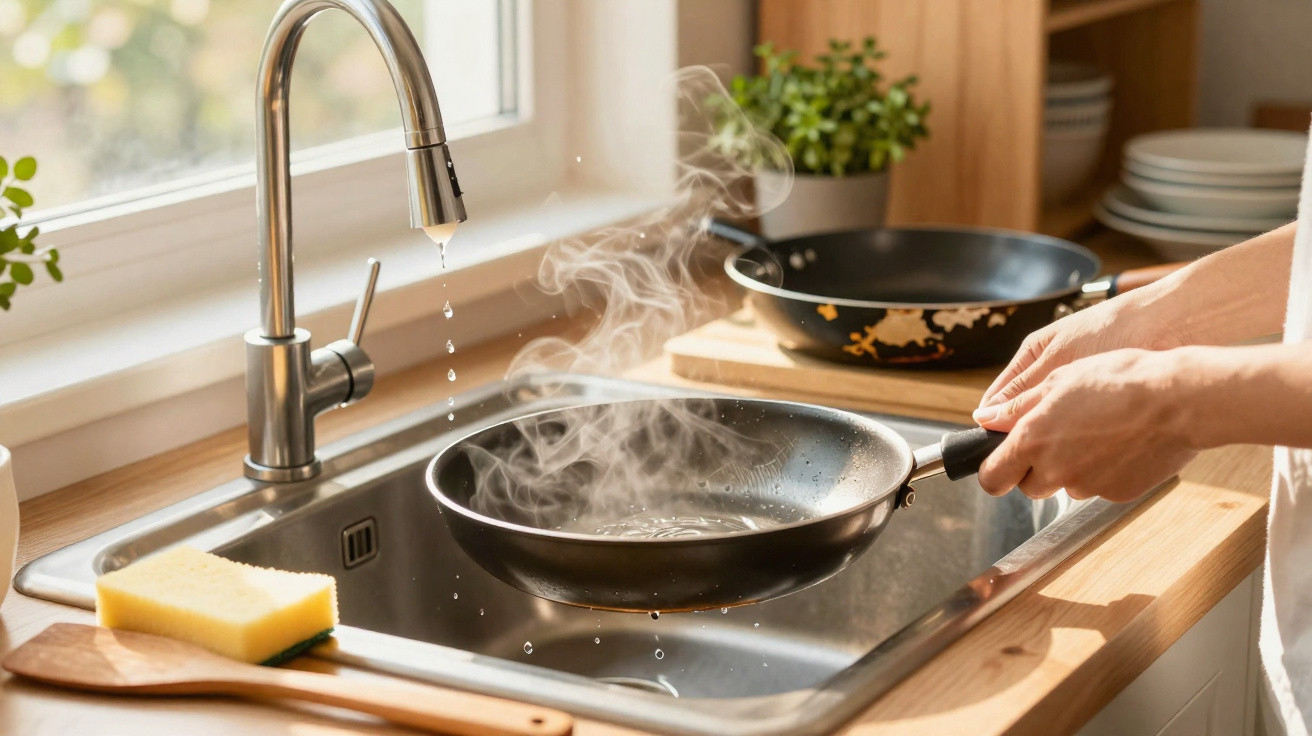 Person rinsing a steaming frying pan under a running kitchen tap with another pan in the background.