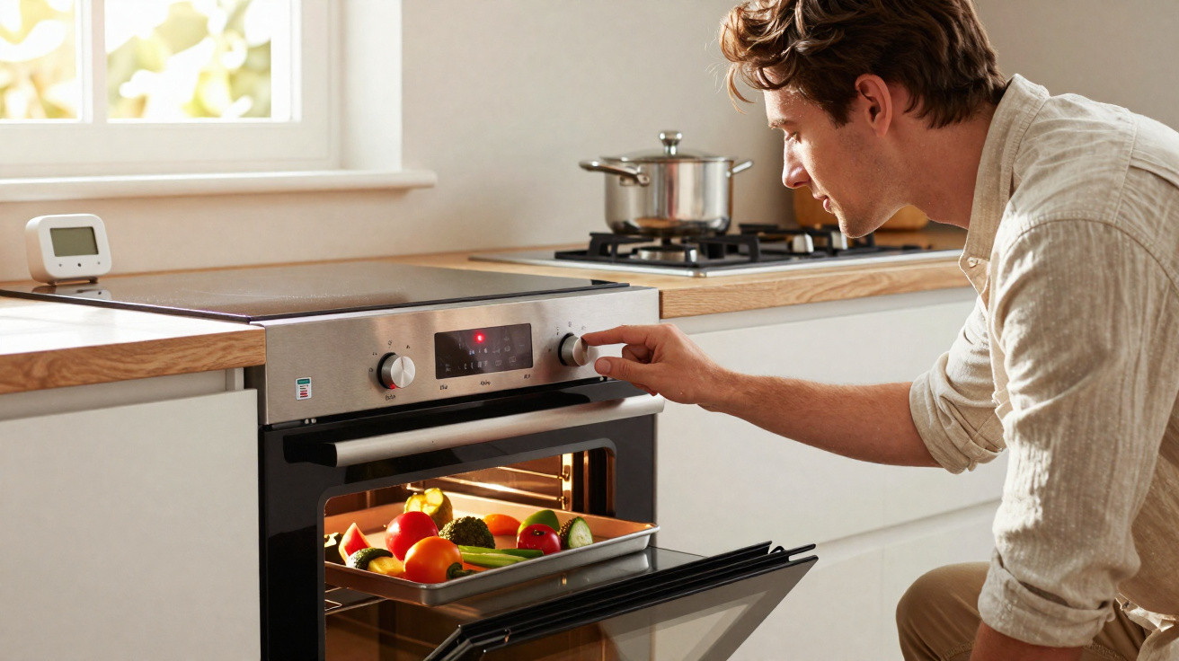 Man adjusting oven temperature while cooking vegetables in a modern kitchen with natural light.