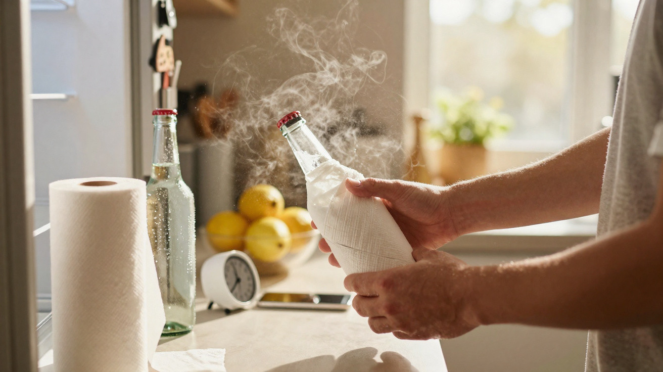 Person holding a steaming cold bottle wrapped in a towel in a sunlit kitchen with fruit bowl and clock nearby.