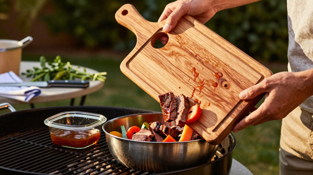 Hands tipping grilled steak and vegetables from a wooden board into a metal bowl on a barbecue grill outdoors.