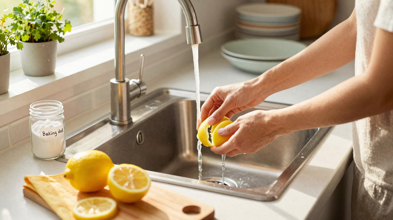 Person washing a lemon under running tap water in a bright kitchen sink with lemons and baking soda nearby.