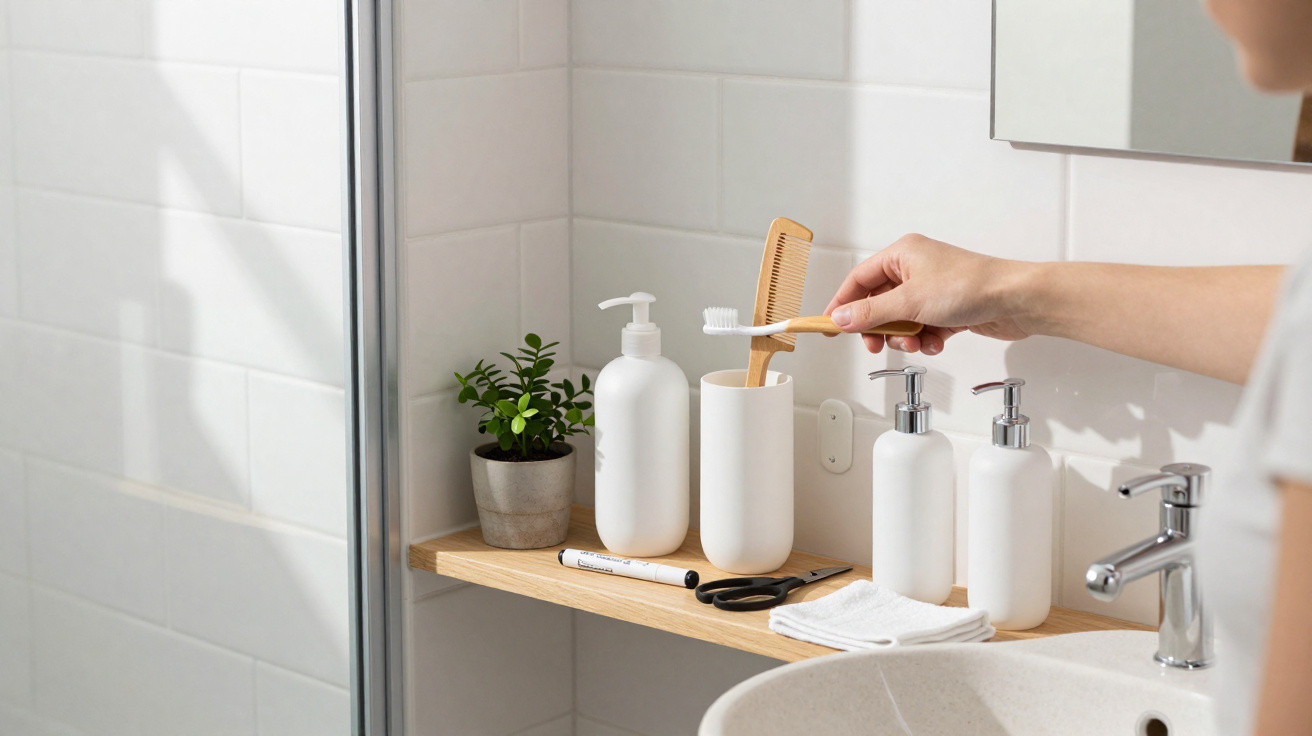 Hand holding a toothbrush over a bathroom shelf with toiletries, a comb, and a small plant.