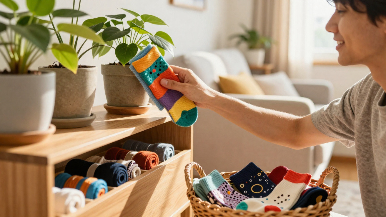 Person holding a colourful sock next to a wooden shelf with potted plants and a basket of socks in a bright living room.