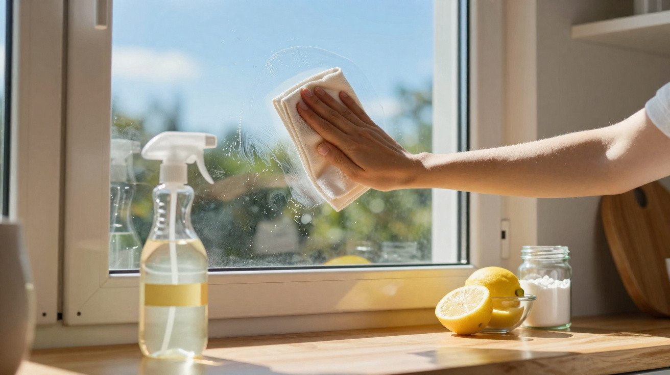 Hand cleaning a window with a cloth, spray bottle, lemons, and jar on a wooden kitchen windowsill.