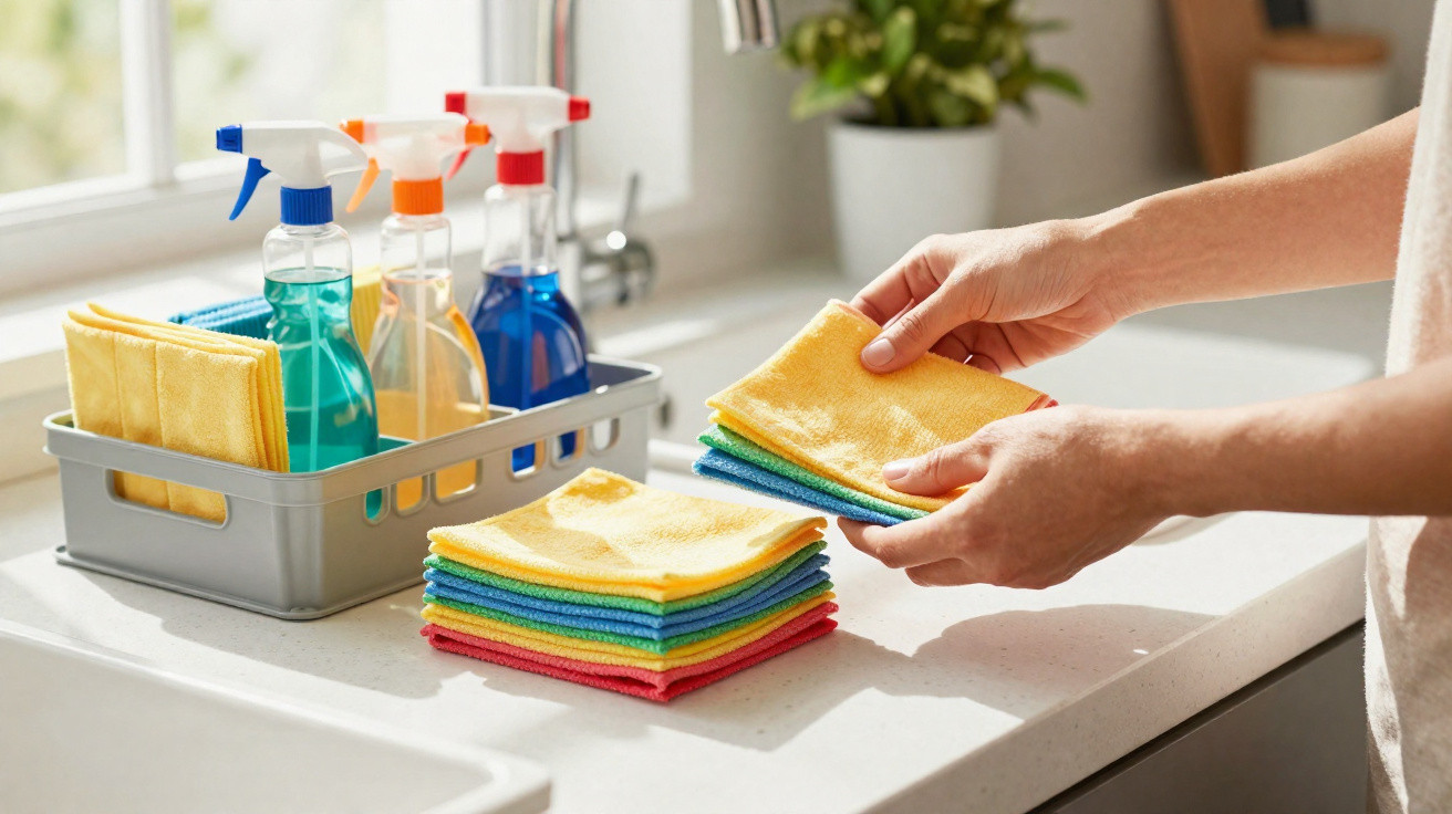 Hands holding a yellow cleaning cloth with stacked colourful cloths and spray bottles on a kitchen counter.