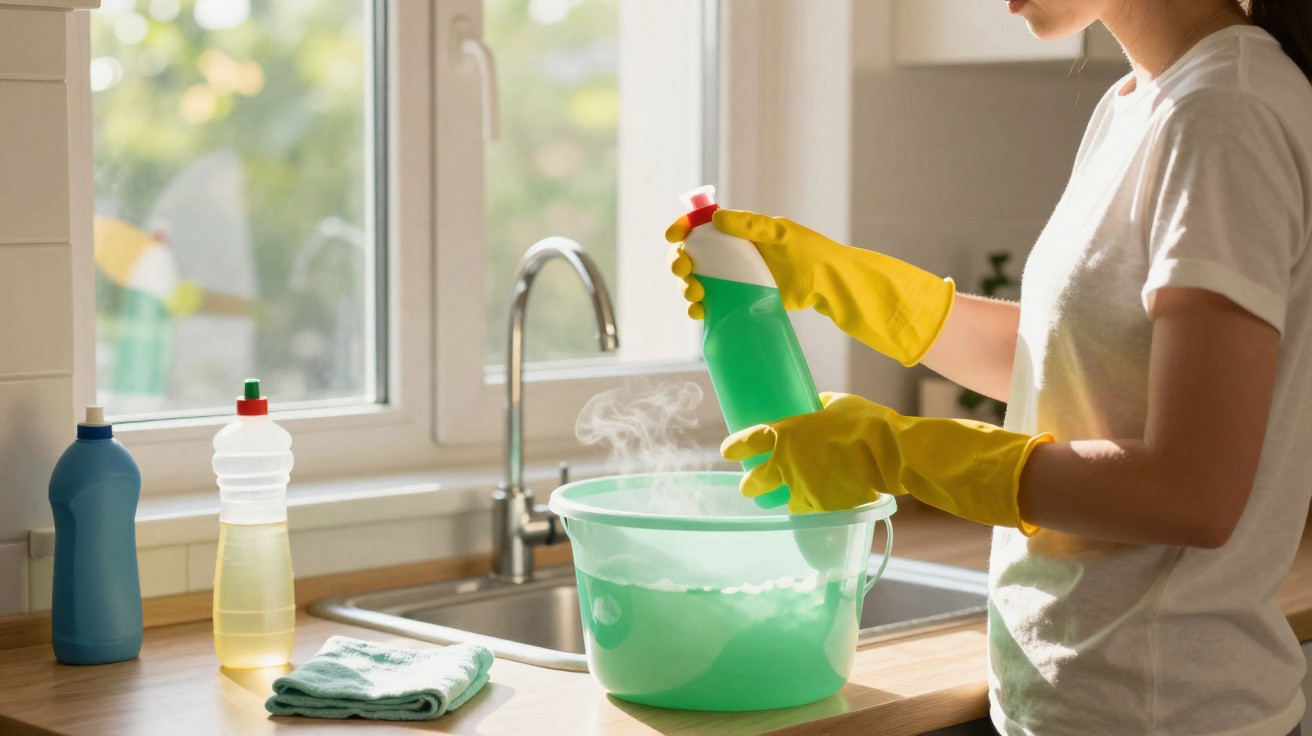 Person wearing yellow gloves pouring cleaning liquid into a steaming green plastic basin by a kitchen sink.