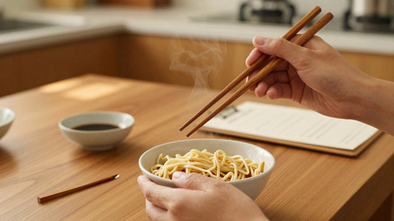 Hands holding chopsticks and picking up steaming noodles from a bowl on a wooden table.