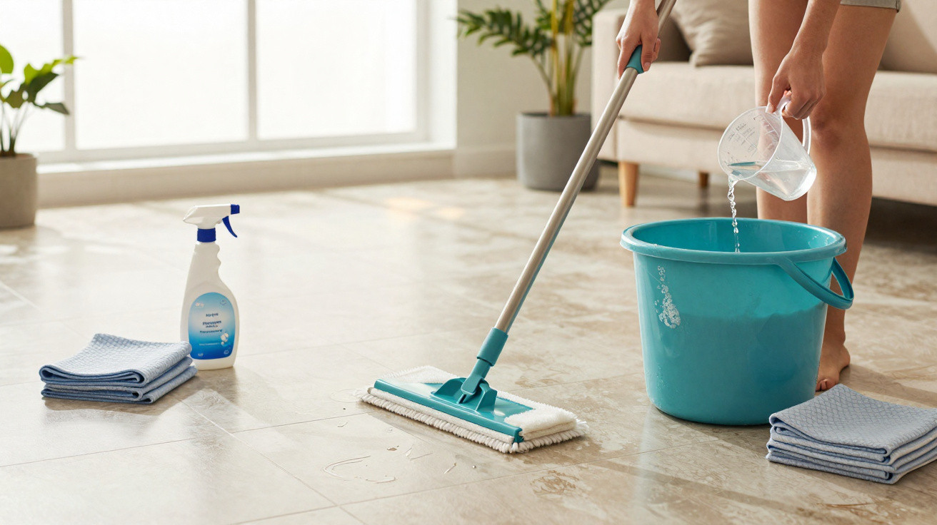 Person pouring water into a blue bucket next to mop, cleaning spray bottle, and cloths on tiled floor in living room.
