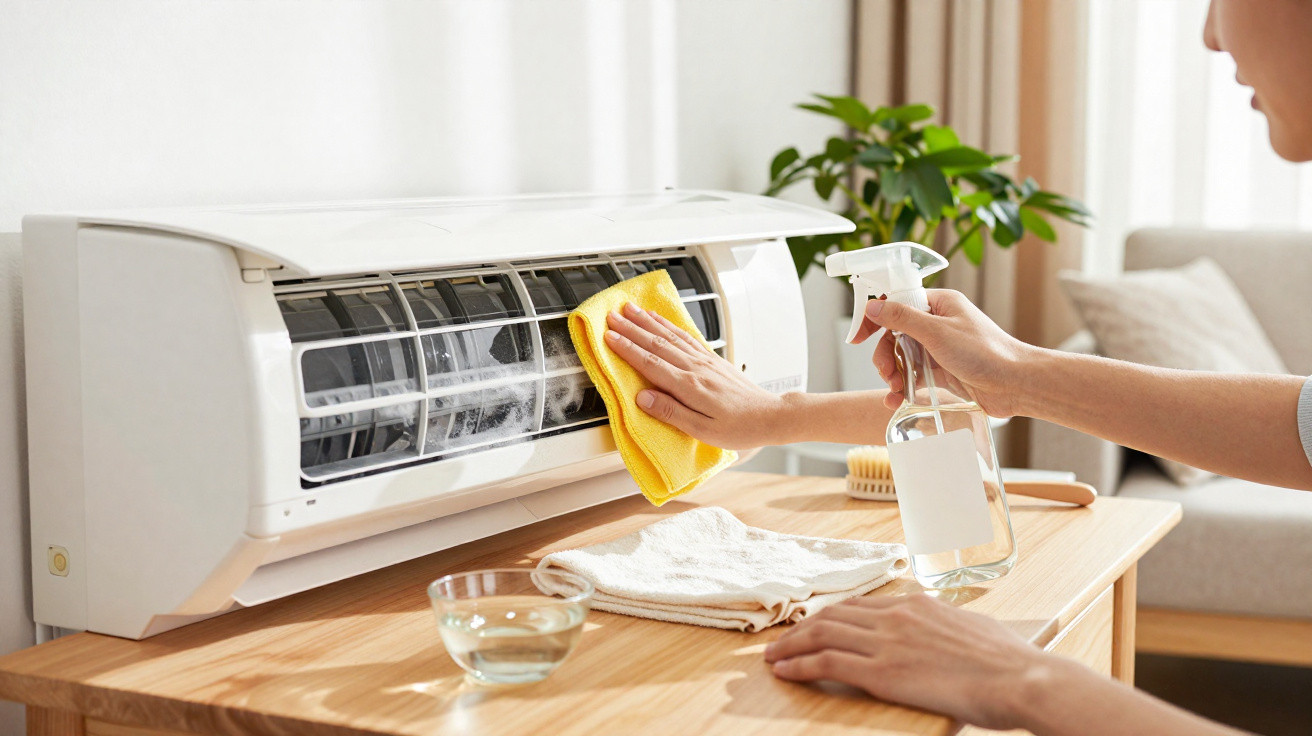 Person cleaning an indoor air conditioner unit with a yellow cloth and spray bottle on a wooden table.