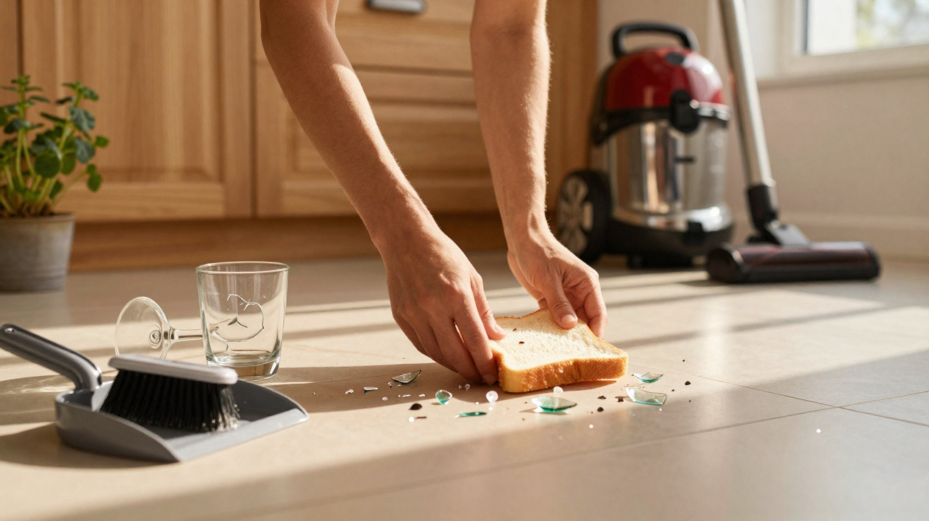 Person carefully picking up a slice of bread from broken glass shards on a kitchen floor.