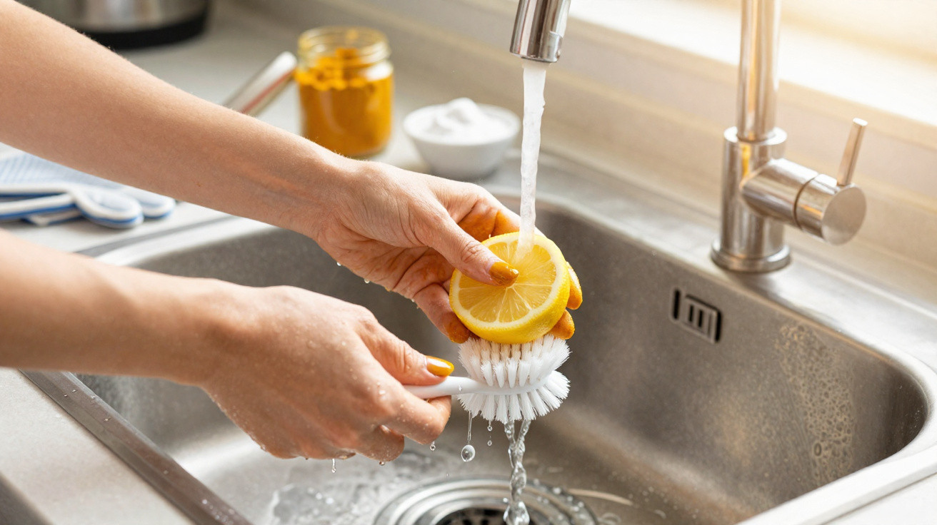 Hands scrubbing a lemon with a brush under running tap water in a kitchen sink.