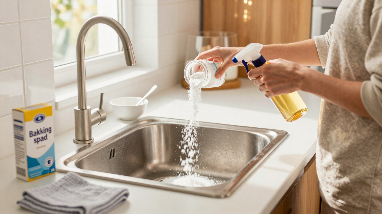 Person pouring baking soda into a kitchen sink while holding a yellow spray bottle.