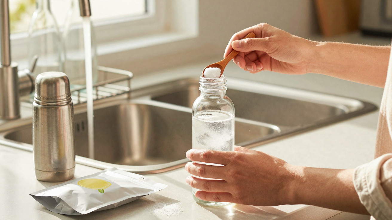 Person adding a spoonful of powder to a clear bottle of water in a kitchen near a sink and packet on the counter.