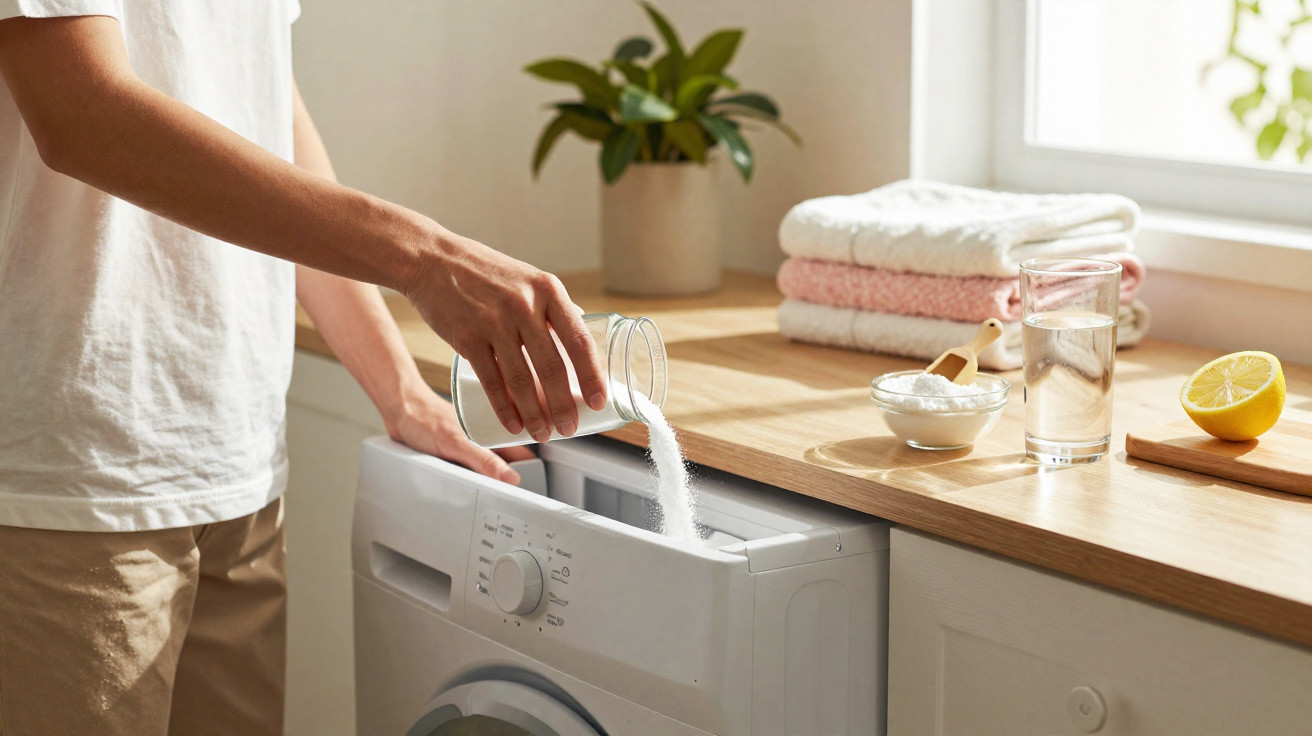 Person pouring washing powder into the detergent compartment of a washing machine in a bright laundry room.