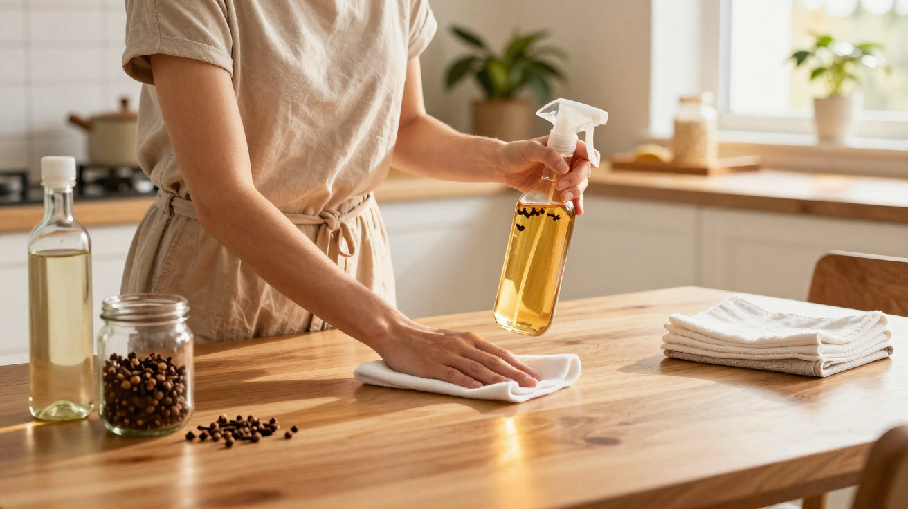 Person cleaning wooden kitchen table with spray bottle and cloth, jars of spices visible nearby.