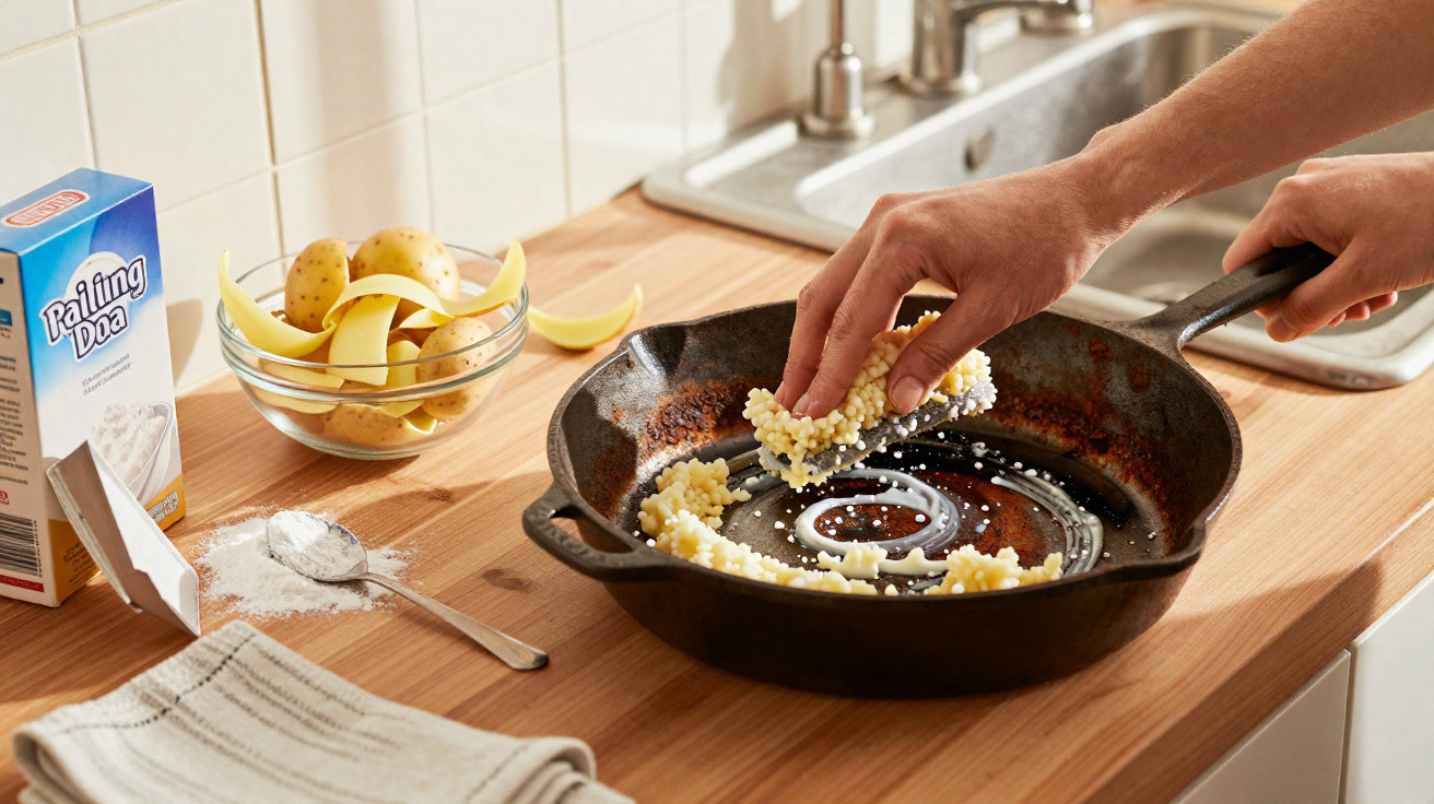 Hand placing a buttered corn cob in a cast iron skillet on a kitchen countertop with potatoes and baking soda nearby.