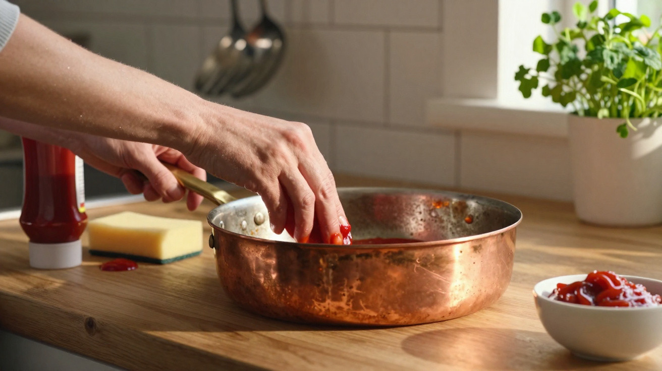 Person scooping ketchup from a copper pan on a wooden kitchen countertop with utensils and a plant nearby.