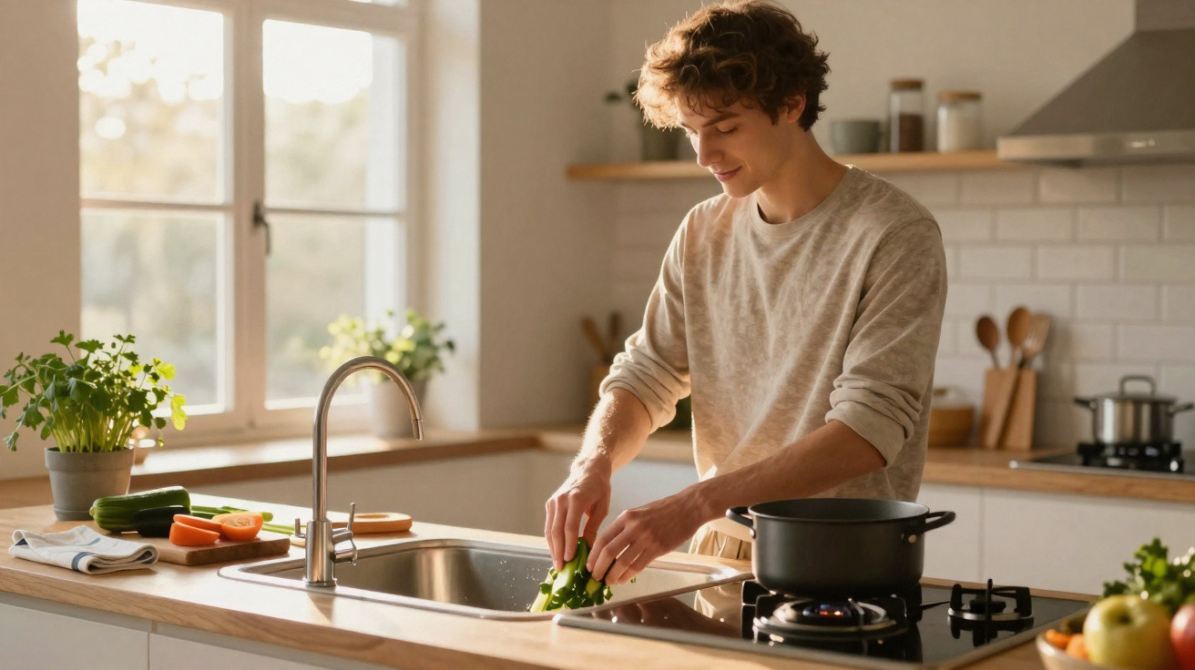 Young man washing vegetables at a kitchen sink in a bright, modern kitchen with cooking pot on stove.