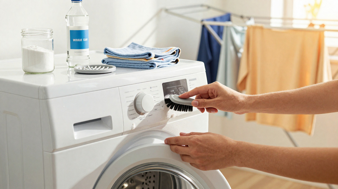 Person cleaning washing machine control panel with a brush, laundry items and drying rack in the background.