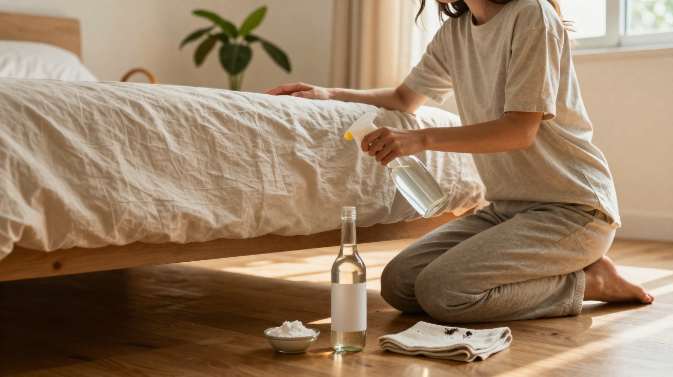 Person in beige loungewear cleaning a wooden floor next to a beige bed with spray bottle and cleaning supplies.