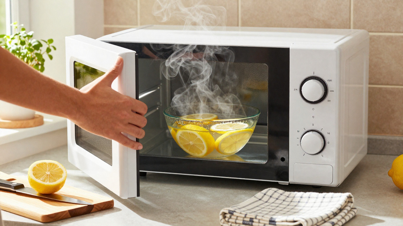 Hand opening microwave with steaming bowl of lemon slices inside on kitchen counter with lemon and cloth nearby.