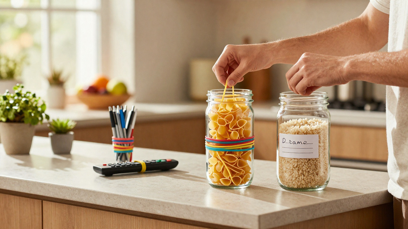 Person using rubber bands to seal glass jars with pasta and rice on kitchen counter.