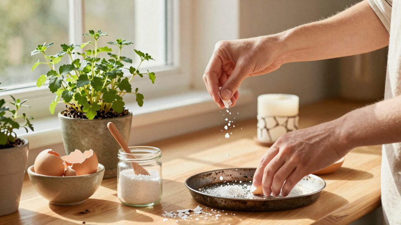 Person sprinkling coarse salt onto a frying pan on a wooden kitchen windowsill with potted plants nearby.