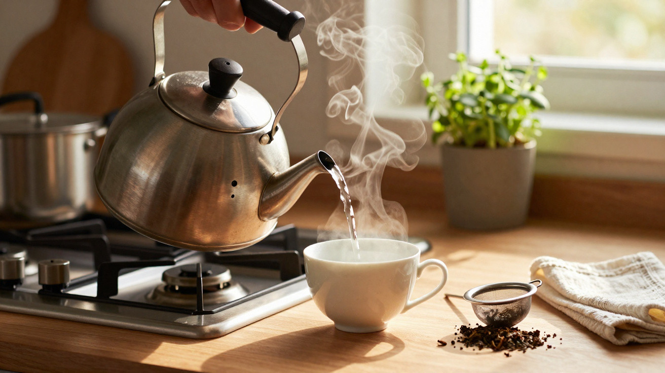 Hand pouring hot water from a kettle into a steaming white cup on a kitchen countertop.
