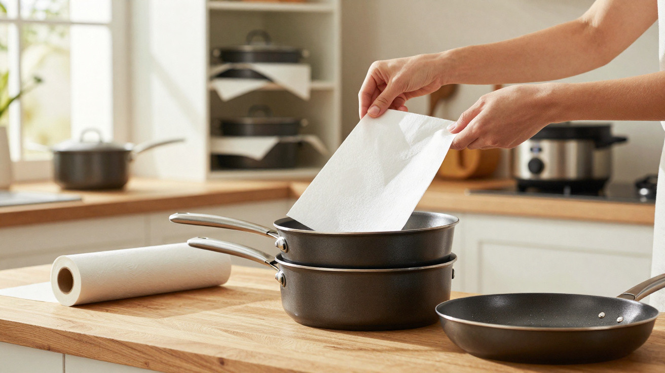 Person placing paper towel into stacked frying pans on a kitchen countertop with paper towel roll nearby