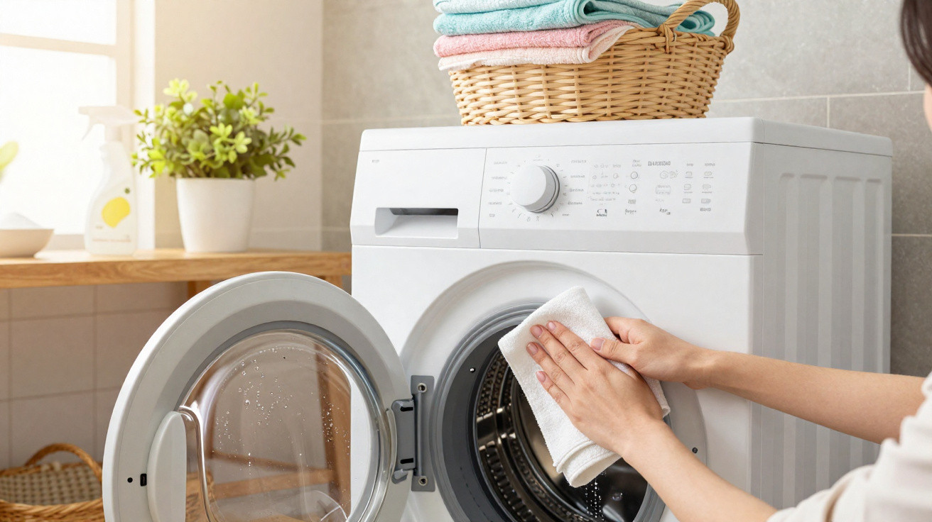 Hands wiping the open door of a front-loading washing machine in a bright laundry room.
