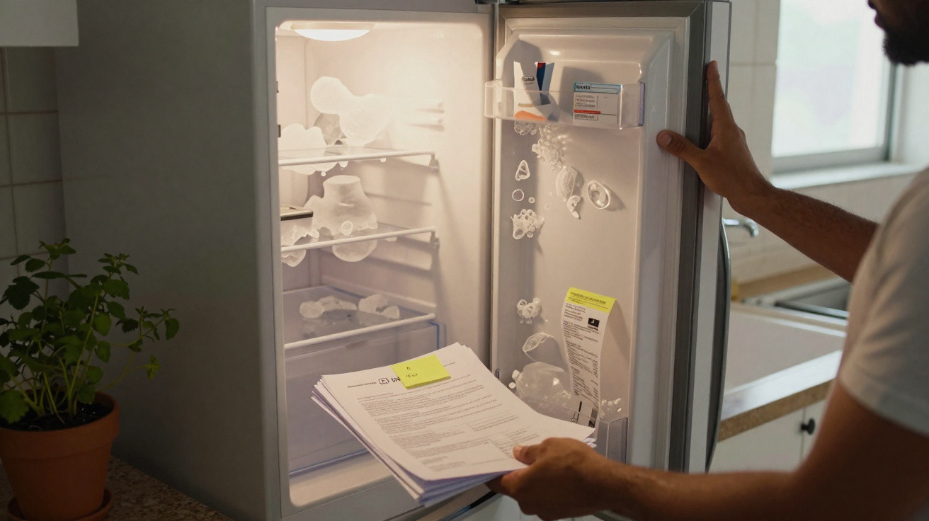 Person placing a stack of documents into an empty fridge with frost buildup inside the door.