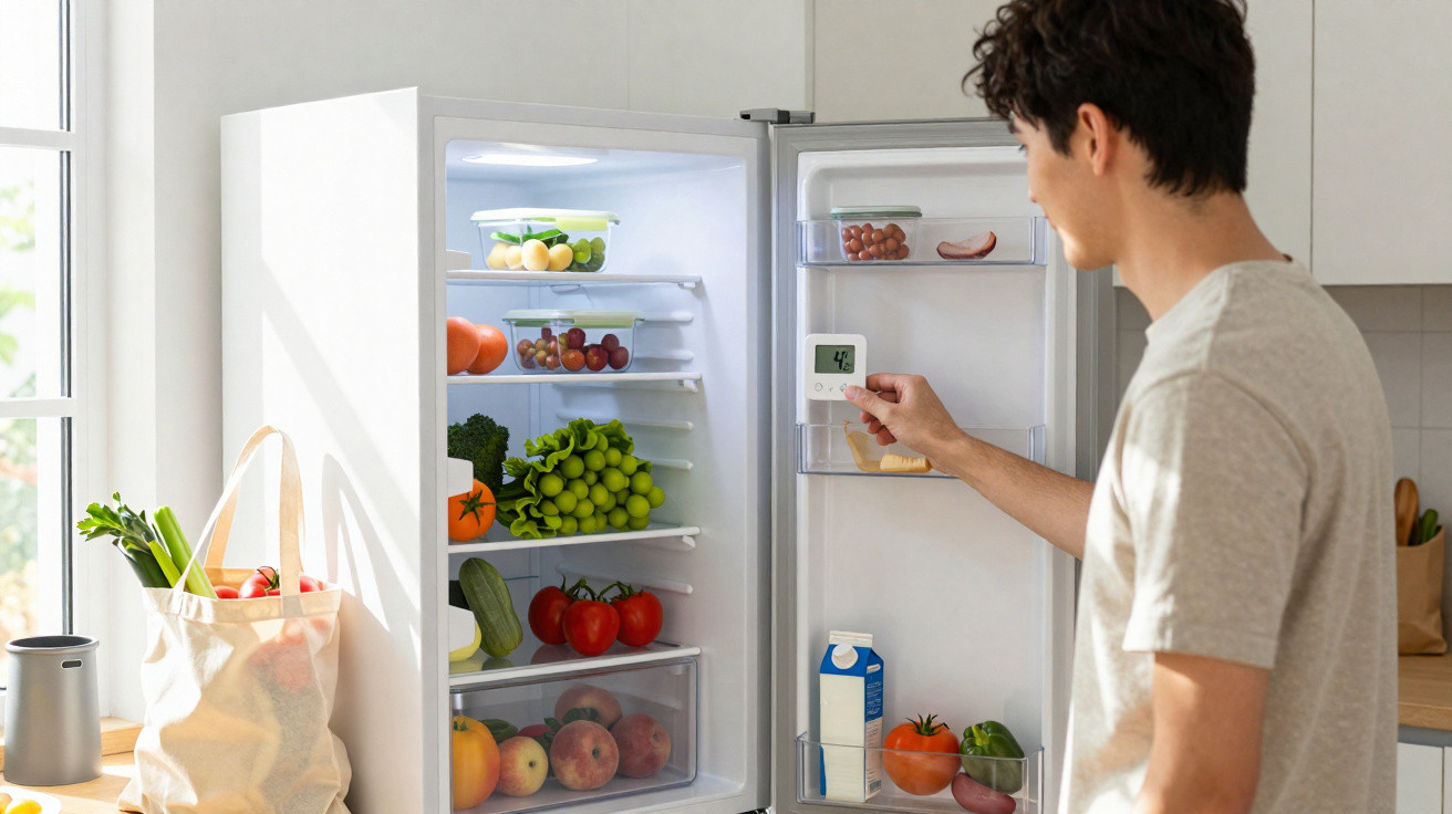 Young man adjusting digital thermostat on open fridge filled with fresh fruits and vegetables in bright kitchen.