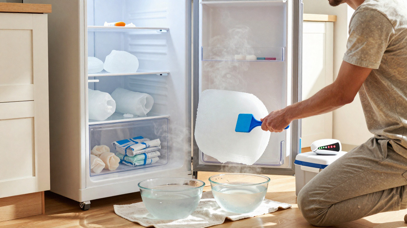 Person removing large block of ice with a scraper from a freezer beside two bowls of water on the floor.
