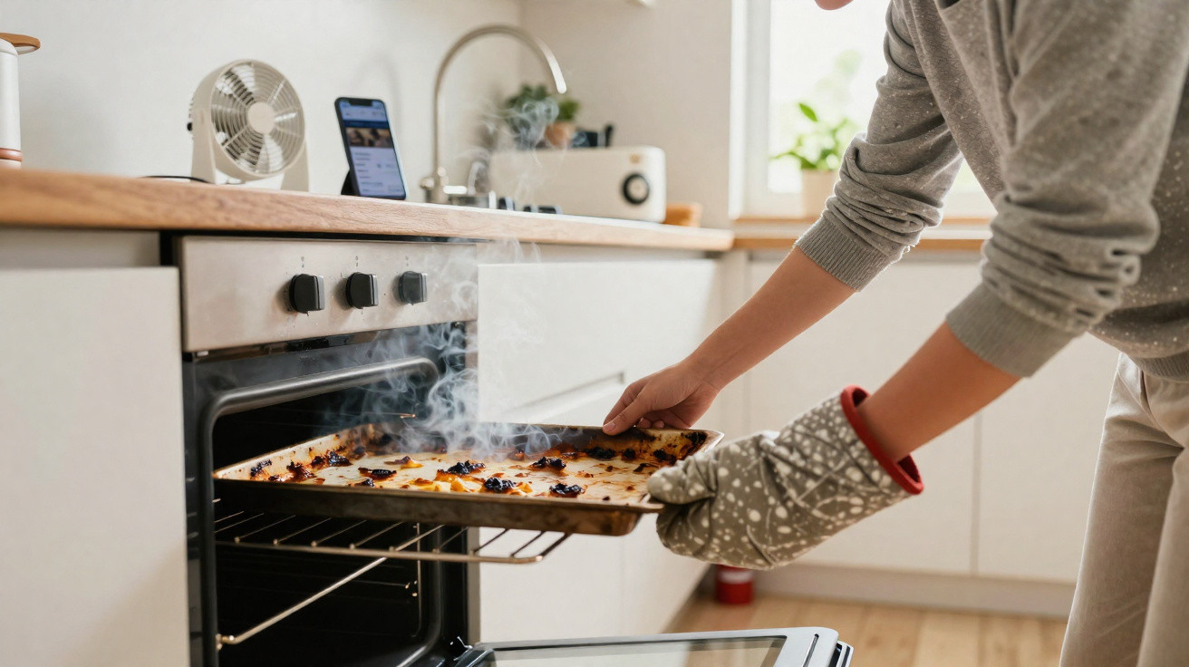 Person using oven mitts to take a steaming baking tray of food out of a modern kitchen oven.