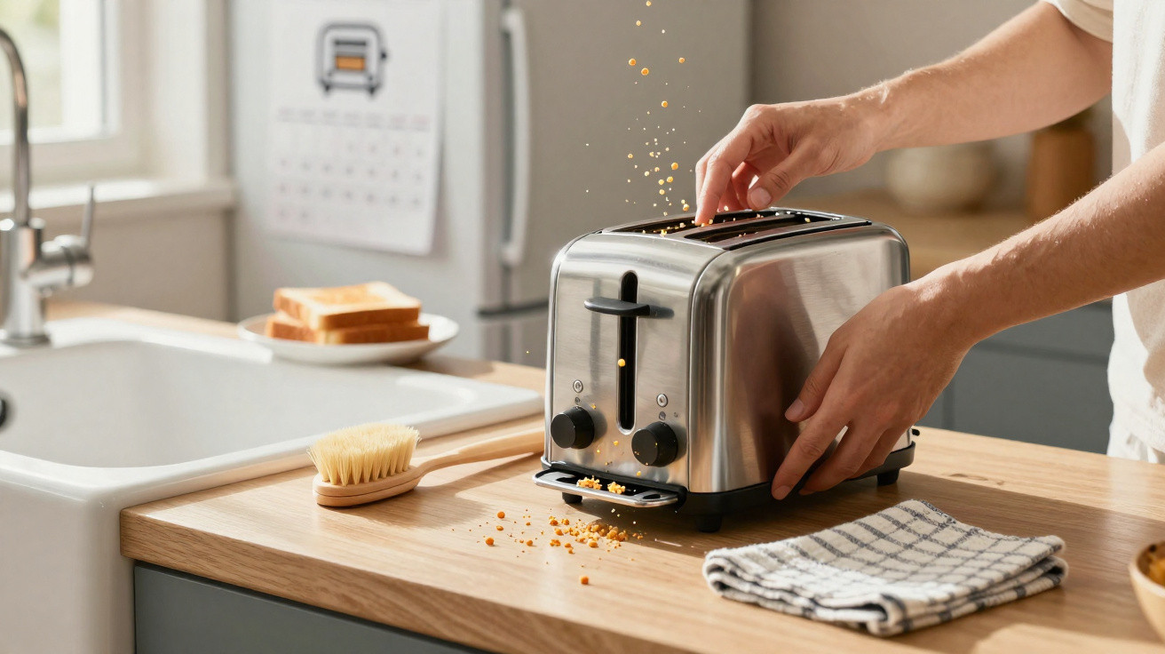 Hands removing crumbs from a stainless steel toaster on a kitchen countertop with toast and towel nearby.